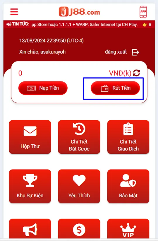 Chọn mục rút tiền J88 từ trang cá nhân của người chơi