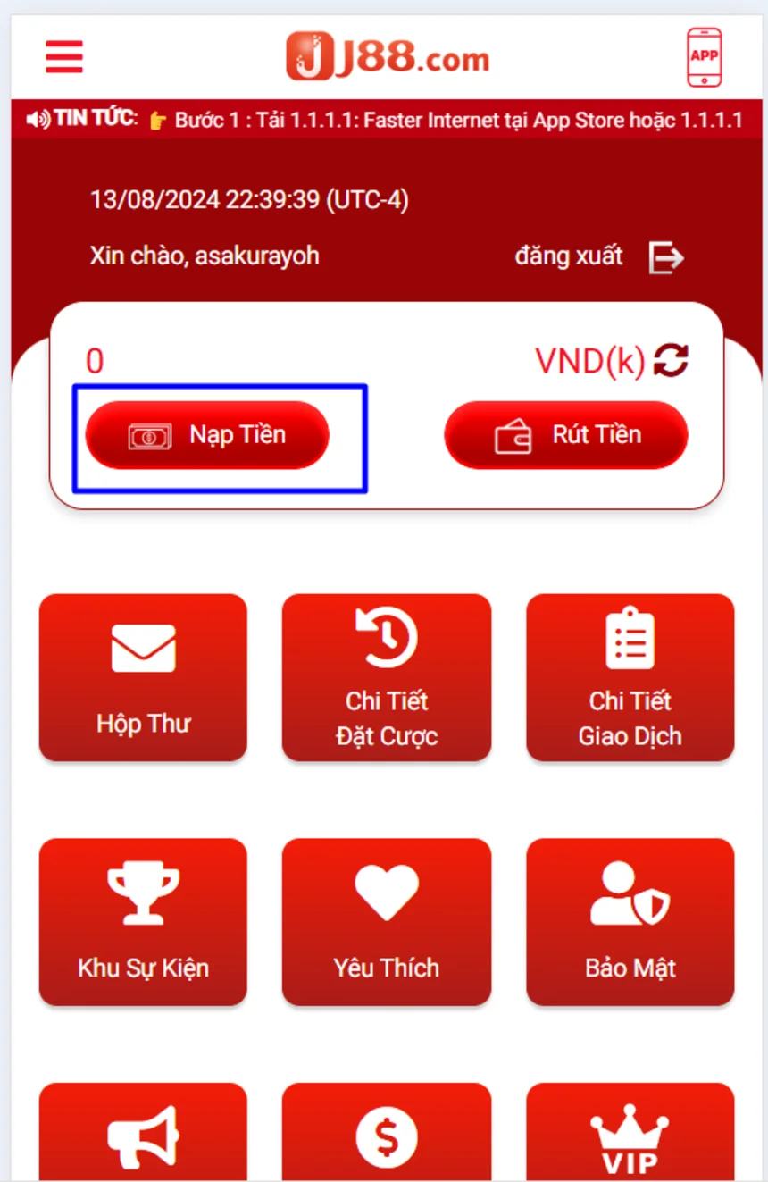 Chọn nạp tiền J88 và làm theo hướng dẫn