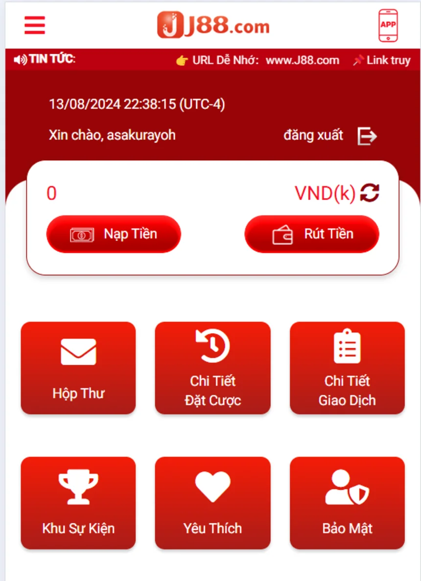 Giao diện tài khoản chọn rút tiền J88