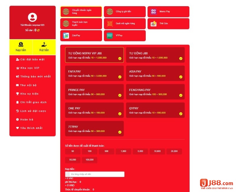 J88 cung cấp nhiều hình thức nạp tiền cho anh em